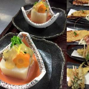 升大根と牡蠣の柚子味噌/島らっきょうの黒豚巻と河豚の天ぷら赤海老の大和芋鬼殻焼