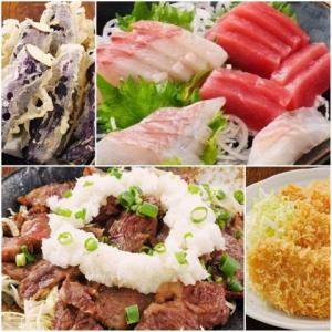 【当店人気アラカルト】牛肉のおろしポン酢・刺身・ナスの天ぷら・ハムカツ