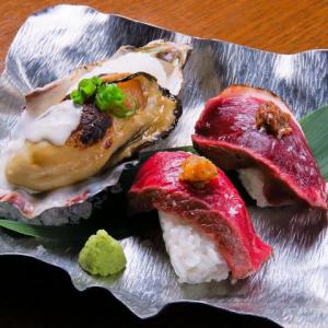 牡蠣の炙り漬け牡蠣のお寿司宮崎牛のお寿司あいち鴨のお寿司