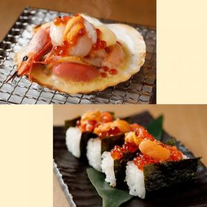 北海道自慢の海鮮メニュー各種。「海鮮バクダン焼」「海鮮こぼれ寿司」「鮭といくらの親子丼」など。