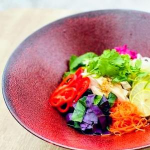 Chicken salad with rice vermicelli 米粉麺を使用した、水晶チキンと7種野菜のアジアンヌードルサラダ
