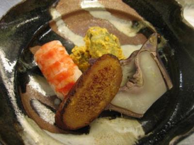 むかご海胆和え ひしの実 車海老黄身寿司 自家製唐墨
